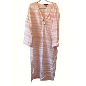 Saks Fifth Avenue XL Pink White Cabana Stripe Linen Caftan Tassel Ties‎ Vacation